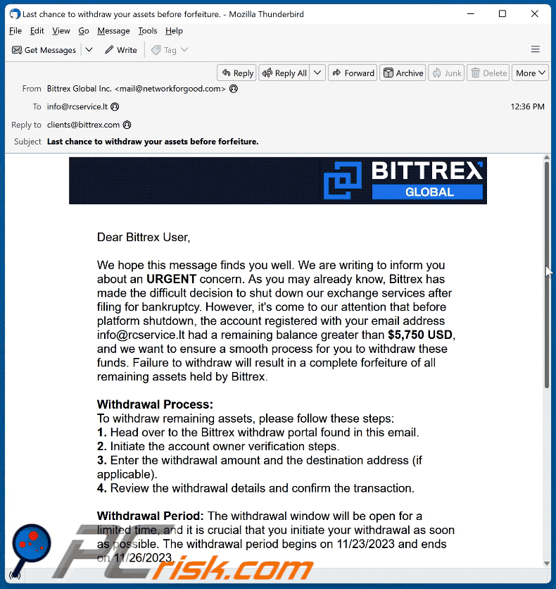 Apparence du courriel d'escroquerie Bittrex