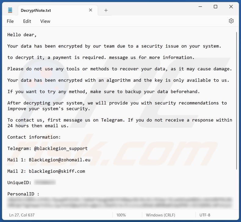 BlackLegion ransomware text file (DecryptNote.txt)