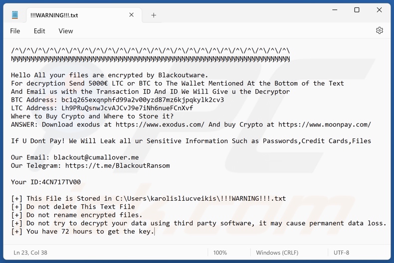 fichier texte du rançongiciel Blackoutware (!!!WARNING!!!.txt)