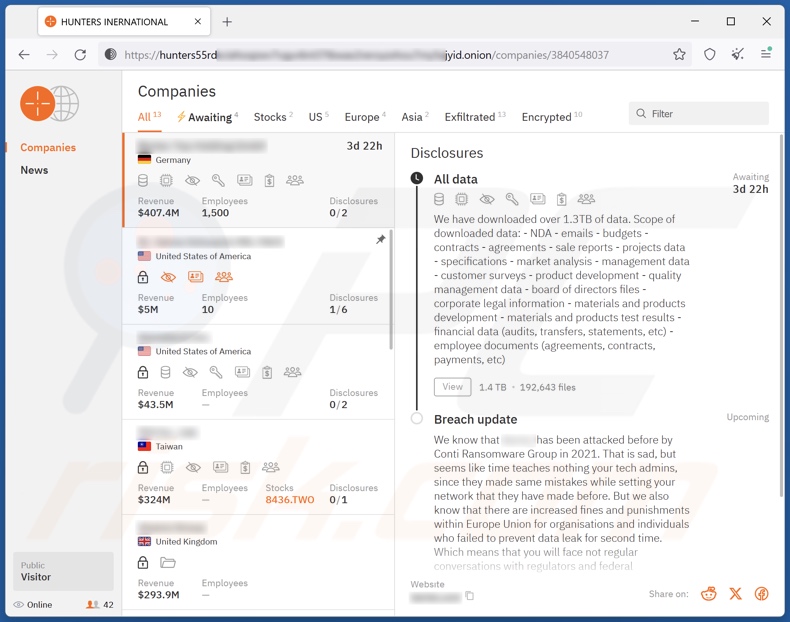 Hunters International ransomware data-leaking site