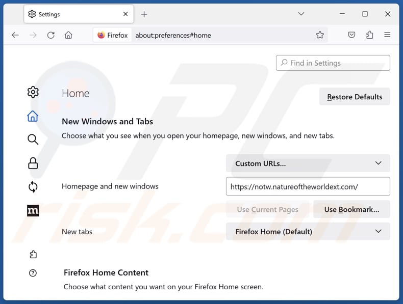 Removing notw.natureoftheworldext.com from Mozilla Firefox homepage