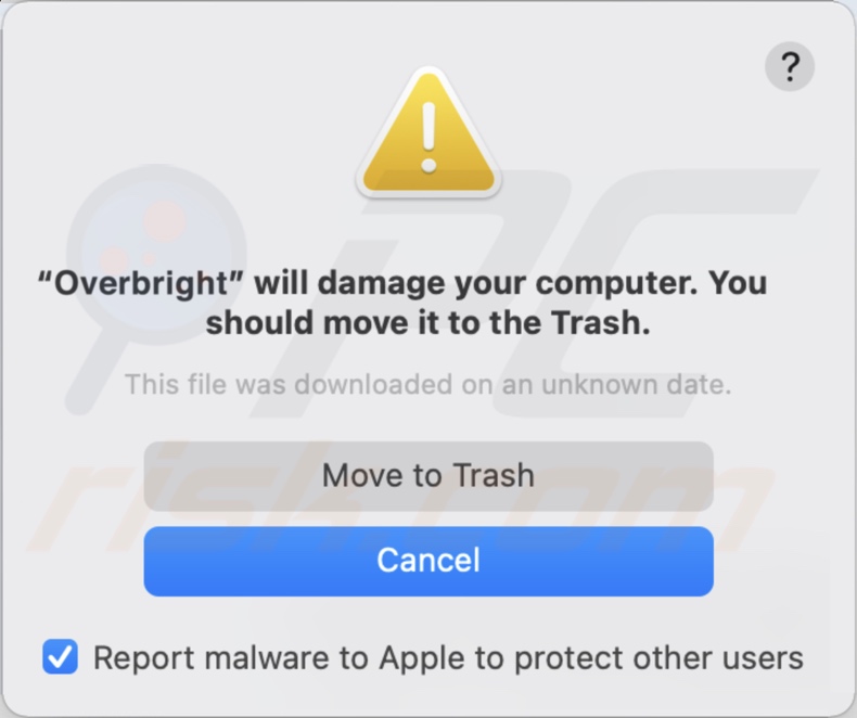 Pop-up affiché lorsque le logiciel publicitaire Overbright est détecté sur le système