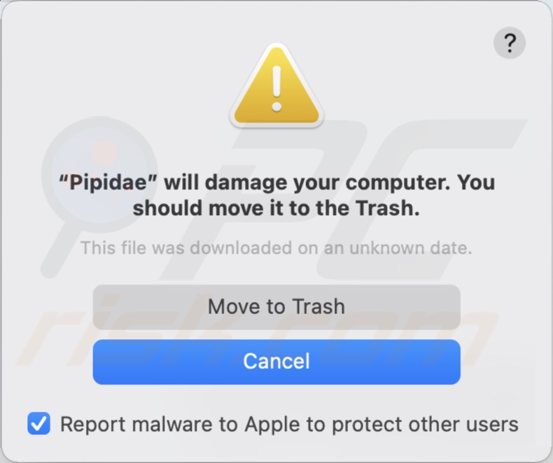 Alerte contextuelle de la présence du logiciel publicitaire Pipidae sur le système
