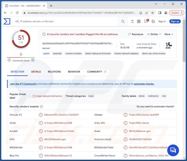 Agent Racoon détections de logiciels malveillants sur VirusTotal