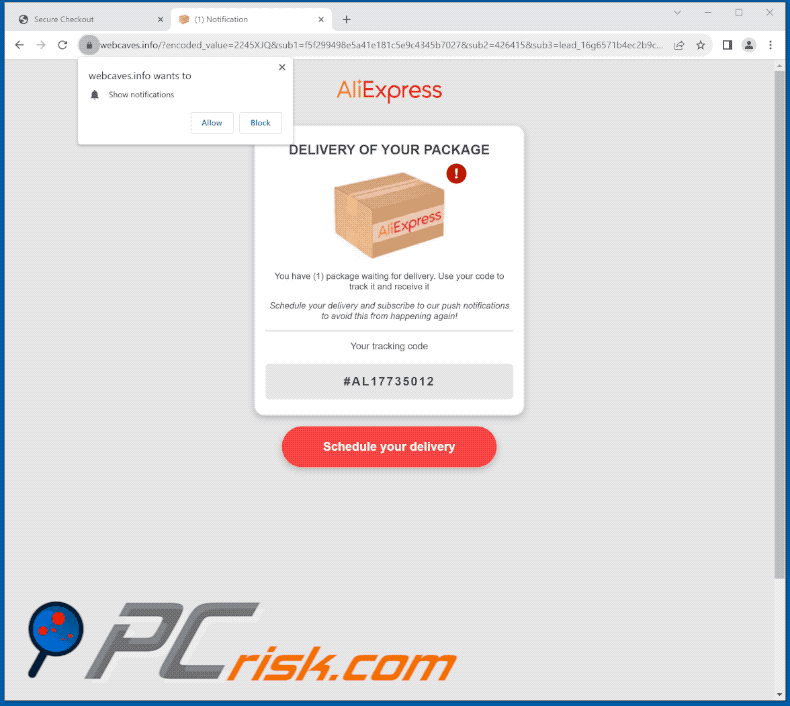 AliExpress Package scam email sites de d'hameçonnage promus (GIF)