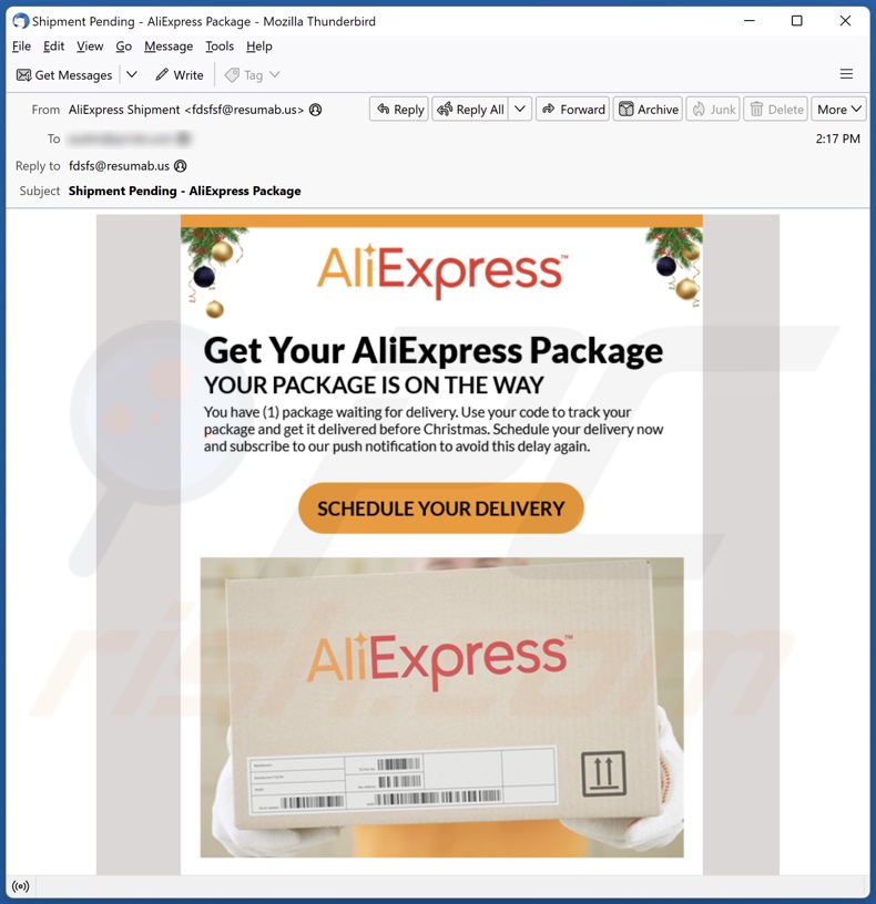 AliExpress Package email spam campaigne