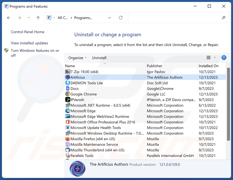 Artificius browser désinstaller via Control Panel