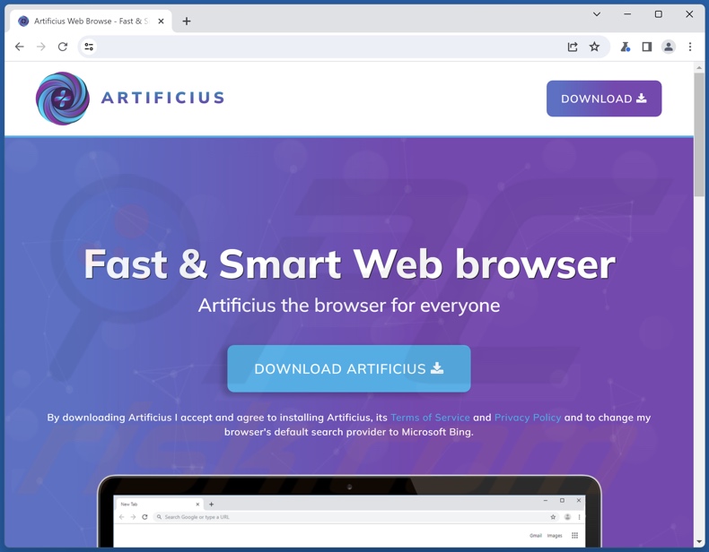 site web promotionnel du navigateur Artificius