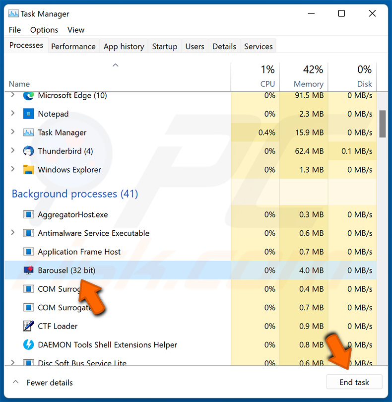 terminez le processus Barousel dans le Gestionnaire des tâches de Windows