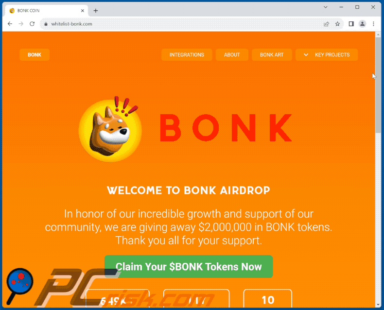 Apparence de Bonk Coin Airdrop Giveaway scam (GIF)