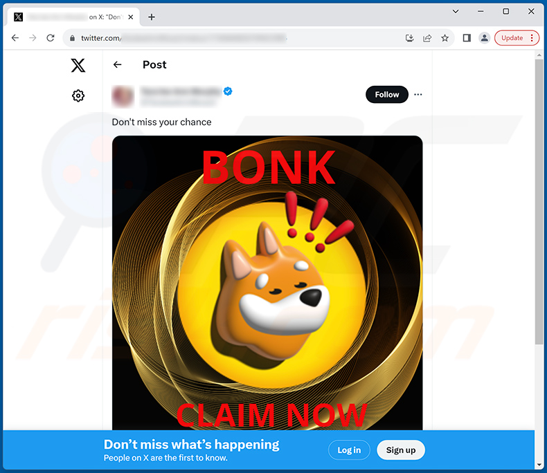 Publication trompeuse sur Twitter (X) faisant la promotion Bonk Coin Airdrop Giveaway scam
