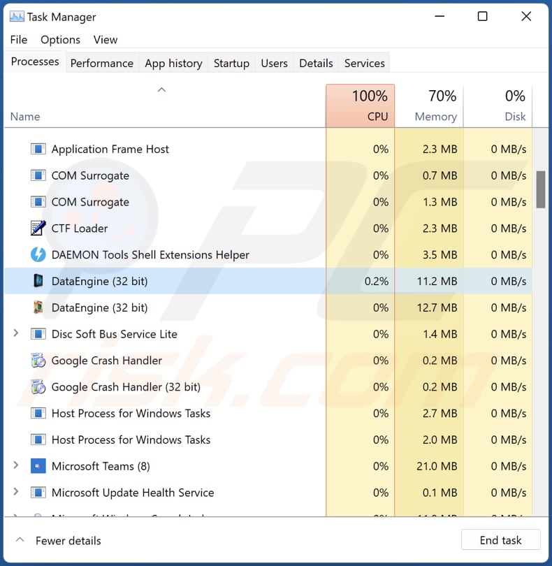 DataEngine malware exécuté dans le Gestionnaire des tâches