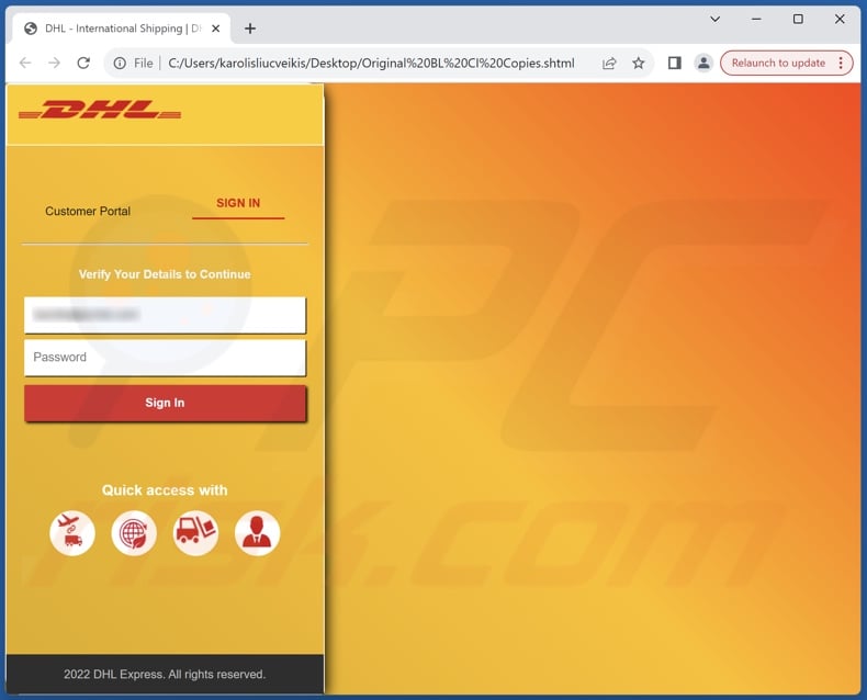 DHL Express - Incomplete Delivery Address scam email fichier de phishing promu (Original BL CI Copies.shtml)