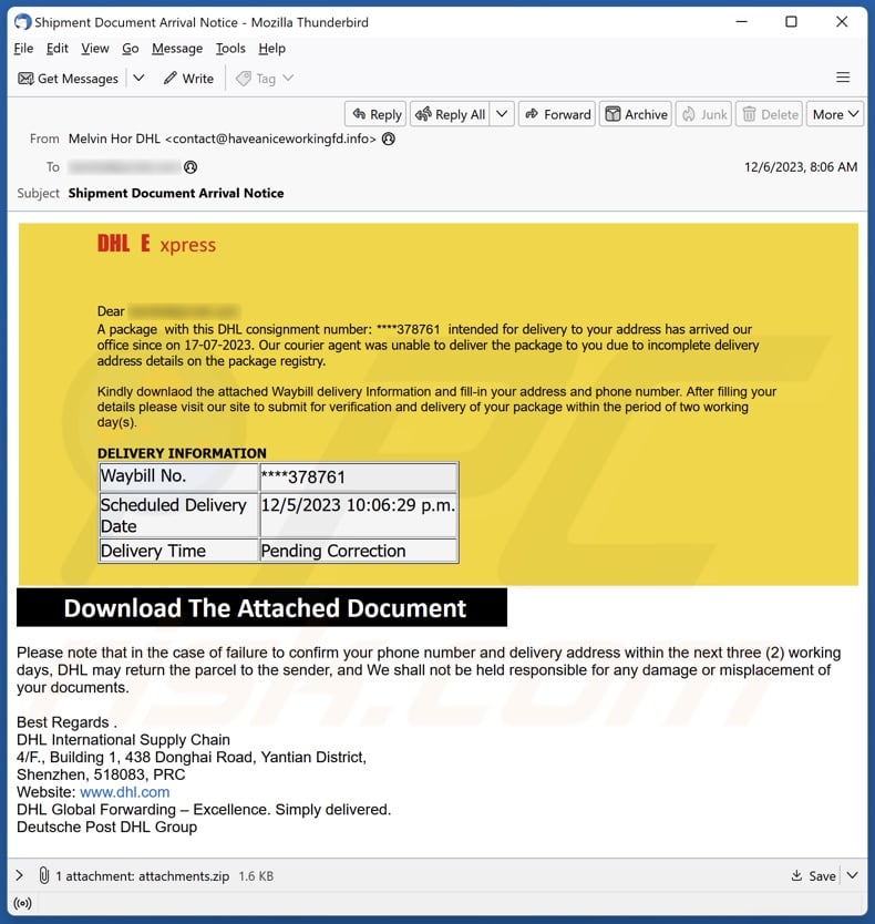 DHL Express - Incomplete Delivery Address email spam campaigne