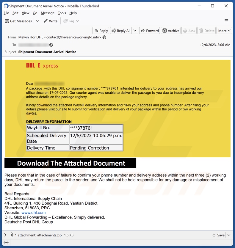 DHL Express - Incomplete Delivery Address email spam campaigne