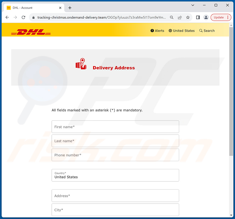 Site de phishing promu via une escroquerie par courrier électronique DHL Unpaid Duty (page 1)