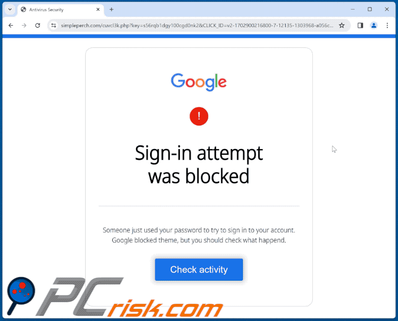 Apparence de la Google - Sign-in Attempt Was Blocked scam