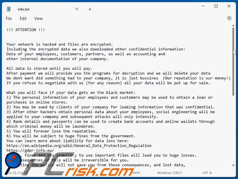 HuiVJope apparence de la note de rançon du ransomware (info.txt)