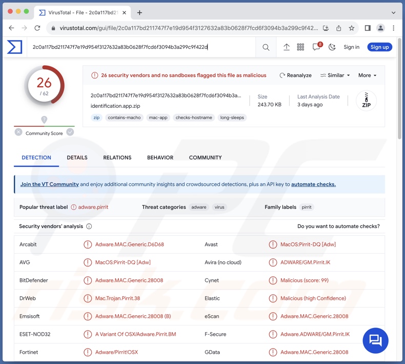 Identification.app détections de logiciels publicitaires sur VirusTotal