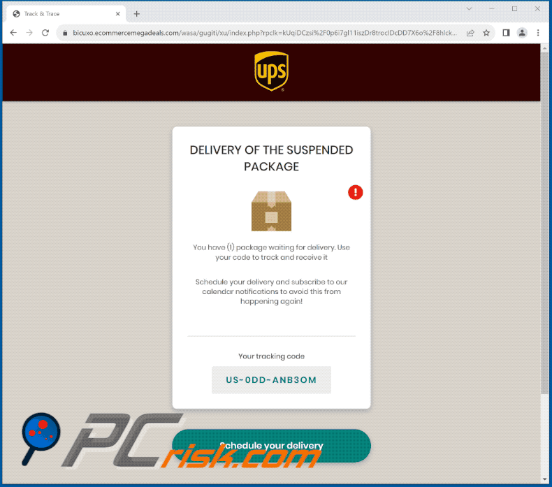 IPS Pending Package Delivery email scam apparition de la fausse page