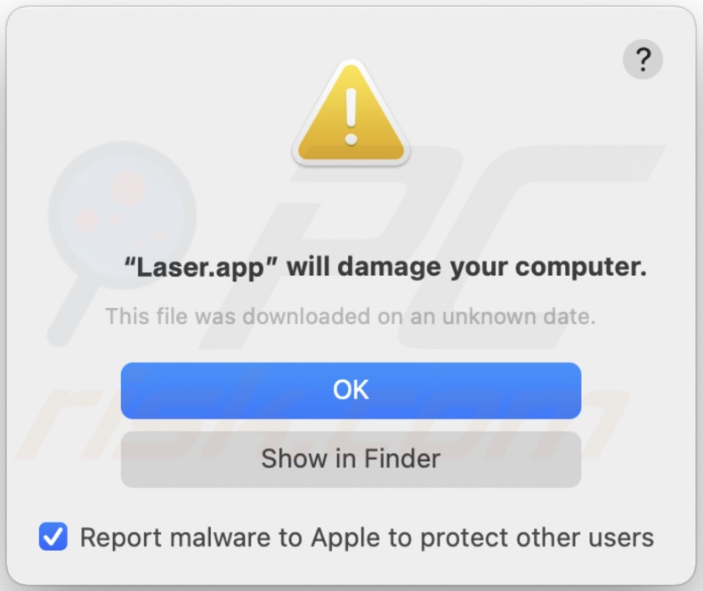 Pop-up affiché lorsque le logiciel publicitaire Laser.app est détecté sur le système