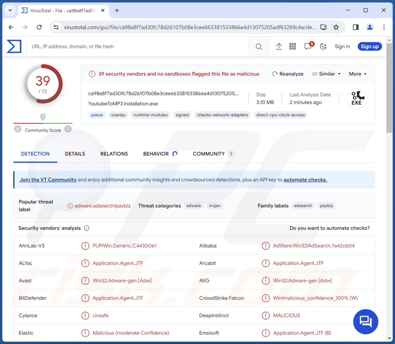 PUA:Win32/Presenoker détections sur VirusTotal