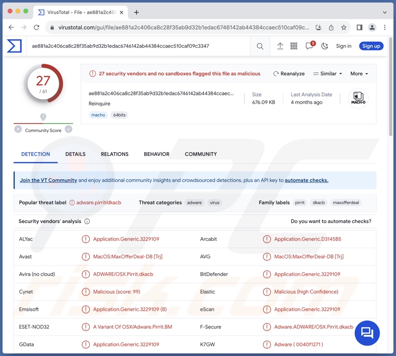 Reinquire détections de logiciels publicitaires sur VirusTotal