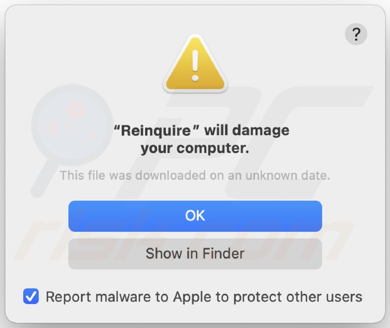 pop-up affichée lorsque le publiciel Reinquire est présent sur le système