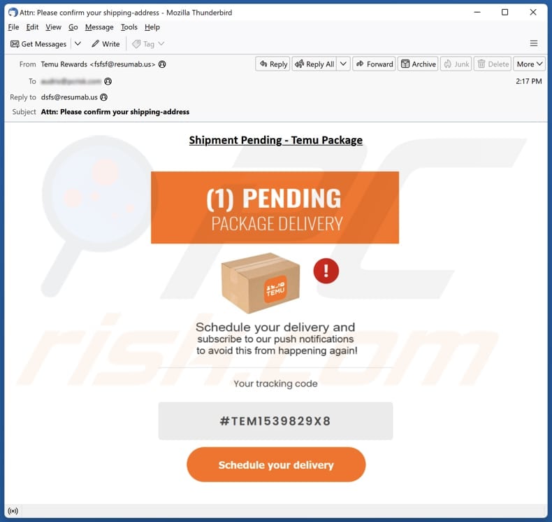 Temu - Pending Package Delivery email spam campaigne