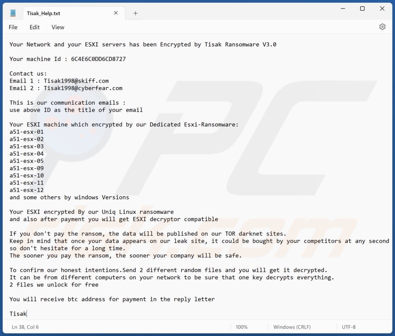 Tisak ransomware text file (Tisak_Help.txt)
