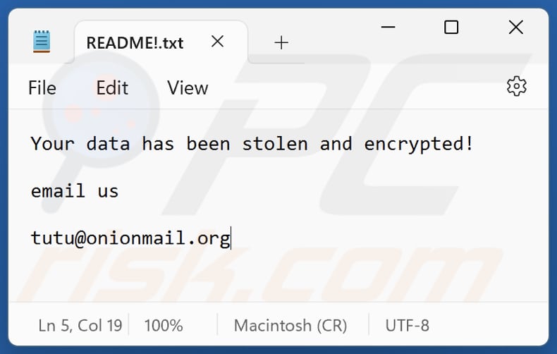 Tutu ransomware text file (README!.txt)