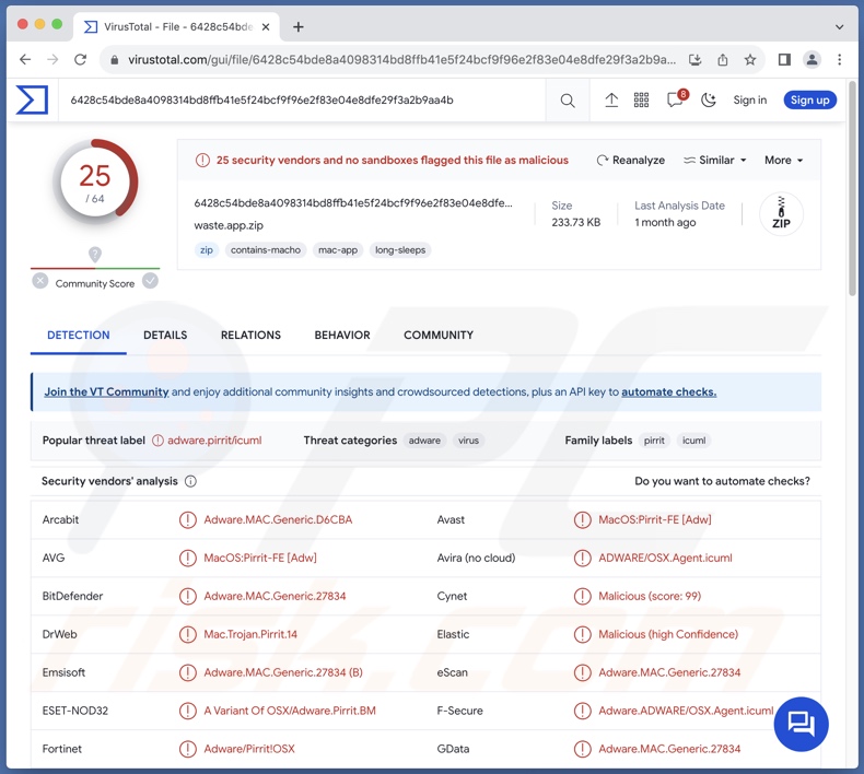 Waste.app détections de logiciels publicitaires sur VirusTotal