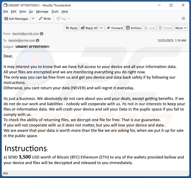 We Have Full Access To Your Device email spam campaign