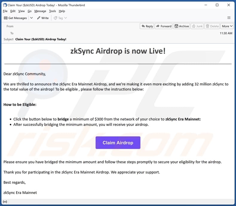 zkSync email frauduleux faisant la promotion de l'arnaque