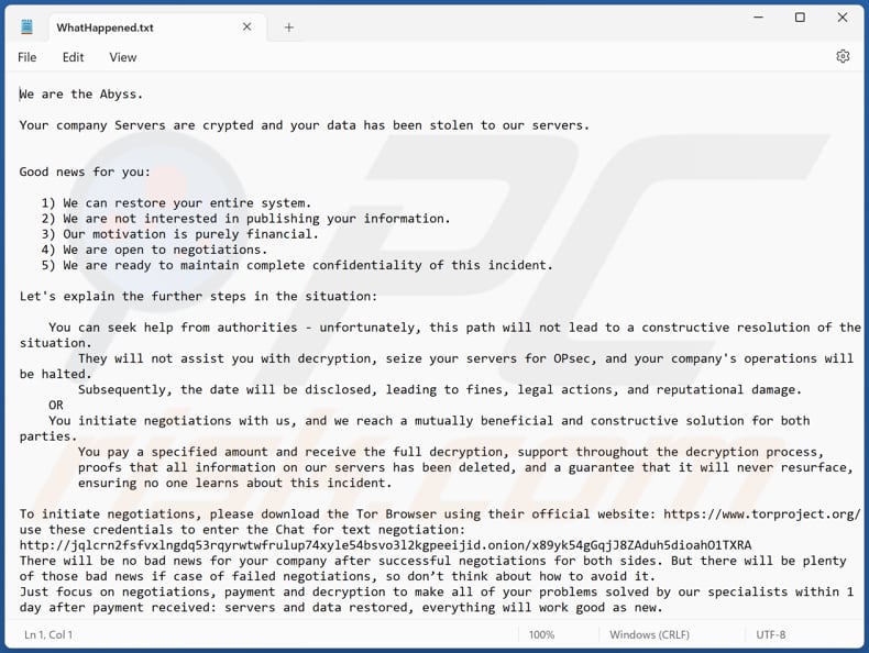 Abyss ransomware fichier texte (WhatHappened.txt)