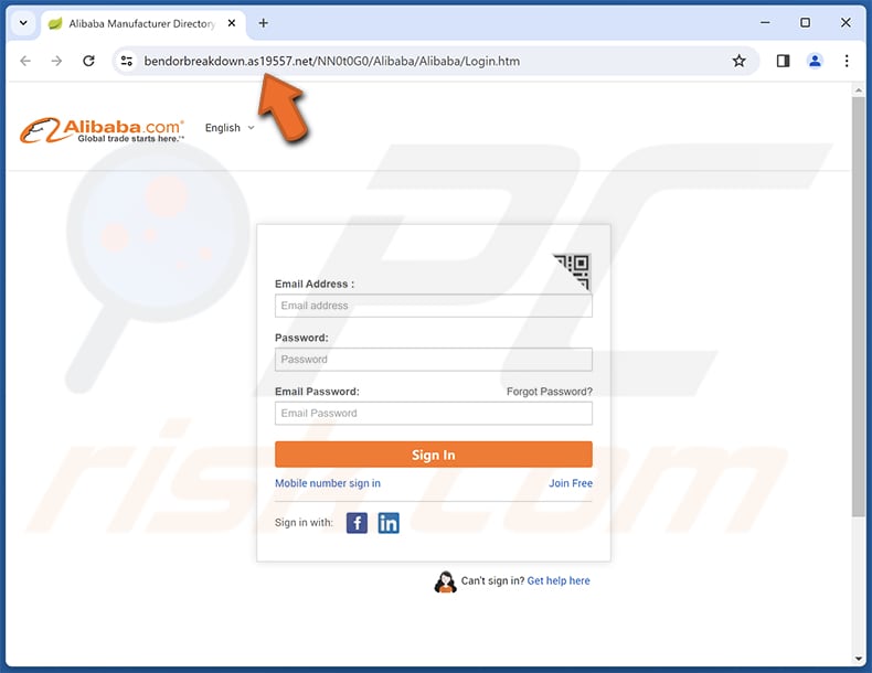 Alibaba email scam phishing page