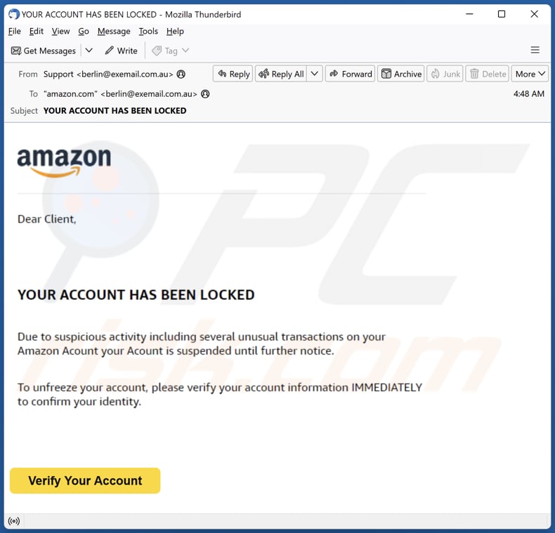 Amazon - Your Account Has Been Locked arnaque par courriel campagne