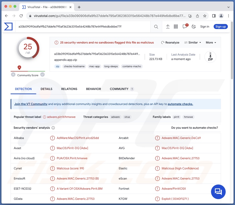 Appendix.app détections de logiciels publicitaires sur VirusTotal