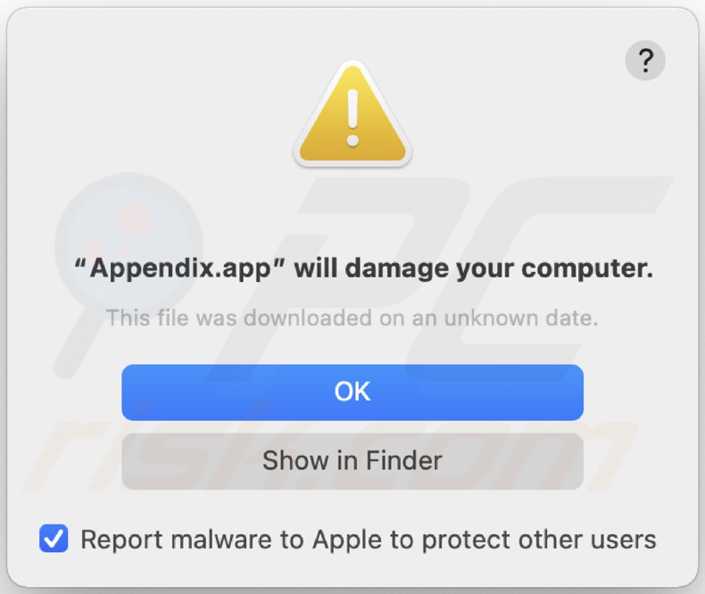 Pop-up affiché lorsque le logiciel publicitaire Appendice.app est détecté sur le système