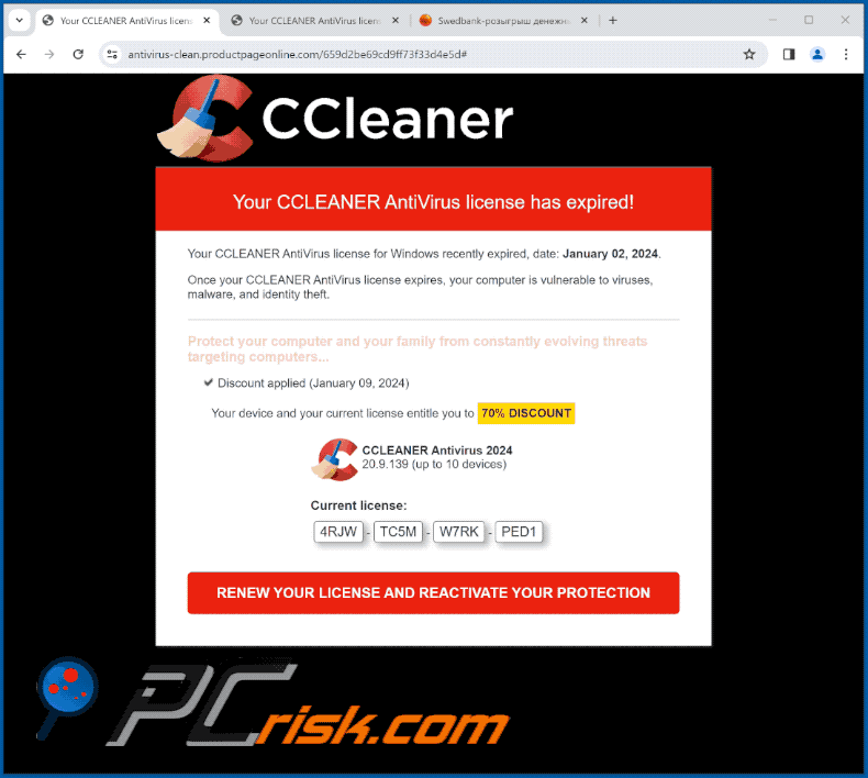 Apparence de CCLEANER AntiVirus License Has Expired scam (GIF)