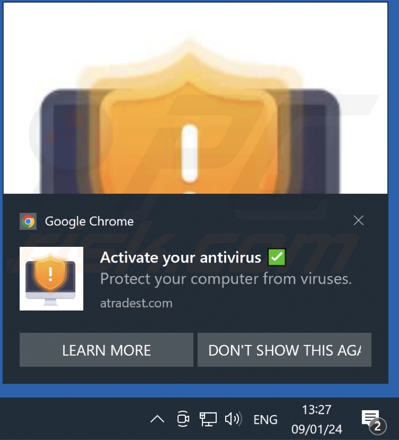 notification de spam faisant la promotion de l'arnaque CCLEANER AntiVirus License Has Expired