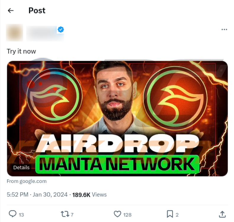 Post sur X (Twitter) faisant la promotion de l'arnaque Claim Manta