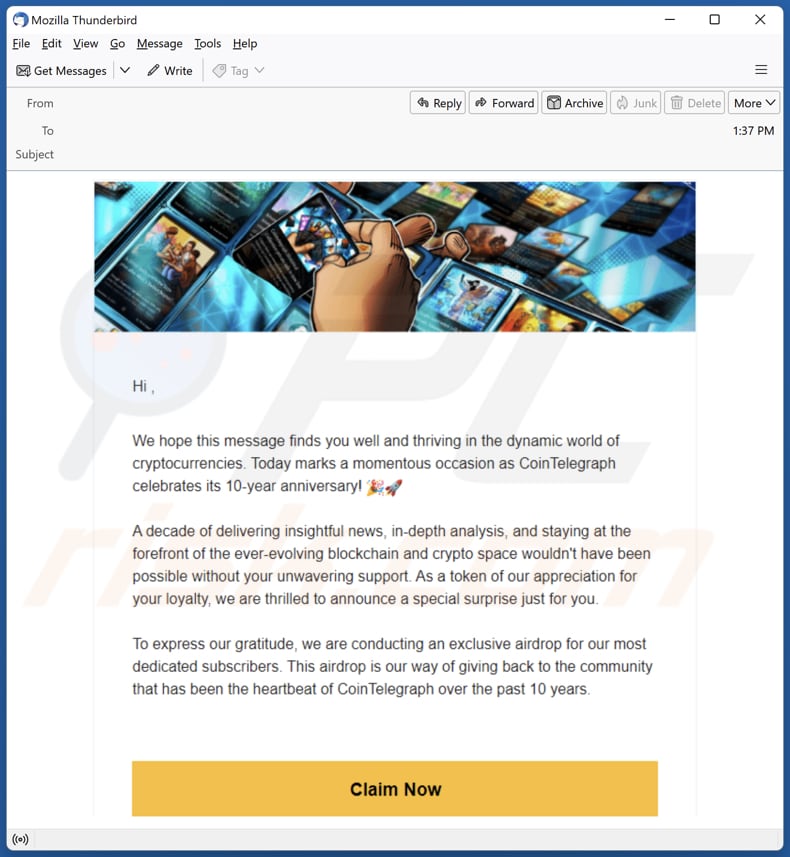 Courriel faisant la promotion de cette arnaque Cointelegraph's 10th Anniversary Airdrop
