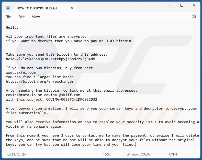 fichier texte du CoV (HOW TO DECRYPT FILES.txt)