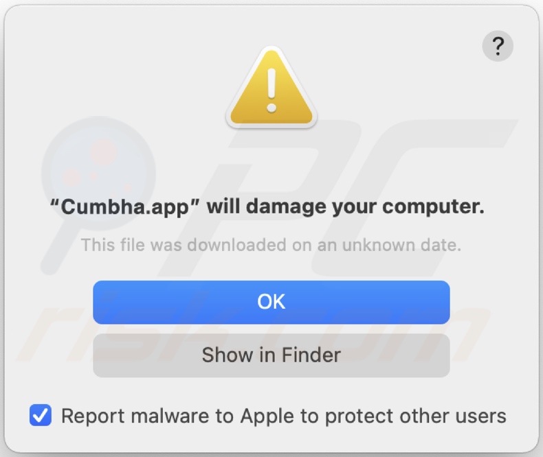 Pop-up affiché lorsque le logiciel publicitaire Cumbha.app est détecté sur le système