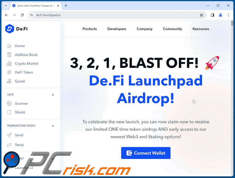 Apparence de l'arnaque De.Fi Launchpad Airdrop (GIF)