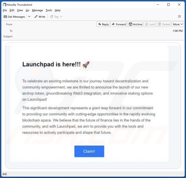 courriel de spam utilisé pour promouvoir l'arnaque De.Fi Launchpad Airdrop