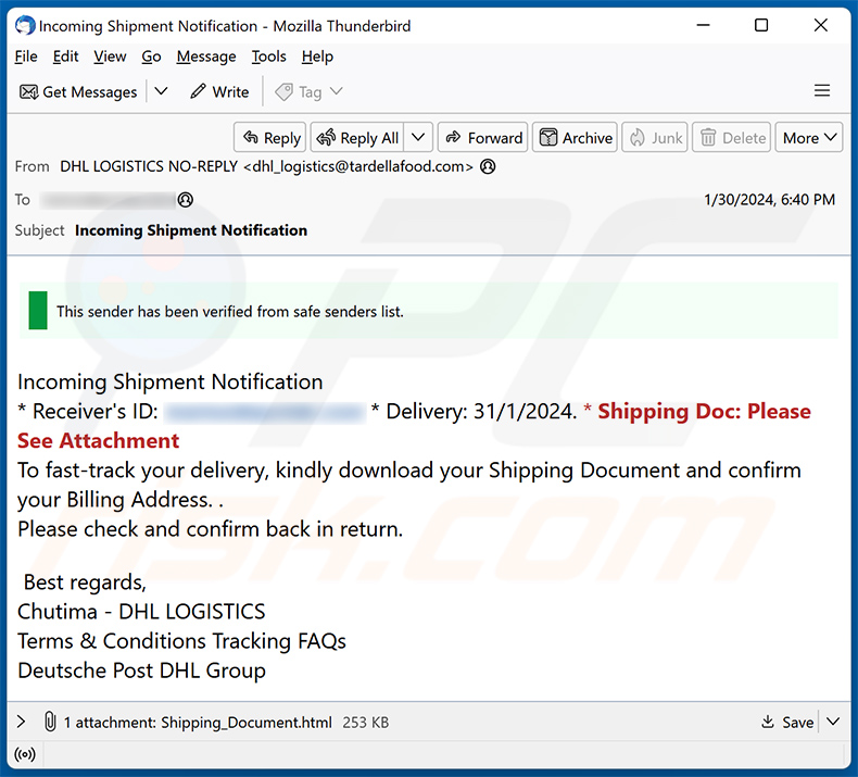 DHL - Incoming Shipment Notification escroquerie par courriel (2024-02-01)