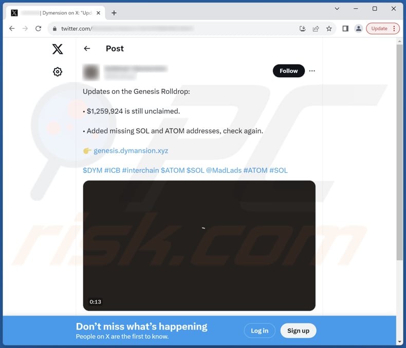 Dymension Genesis arnaque post sur X (Twitter) promouvant l'arnaque