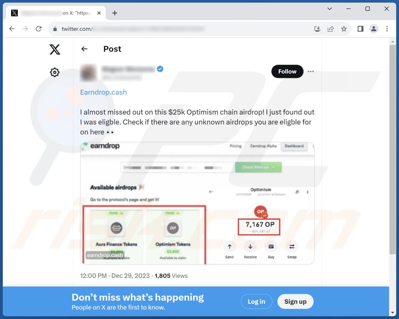 Post sur X (Twitter) promouvant l'arnaque Earndrop